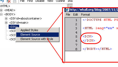 ie developer toolbar element source
